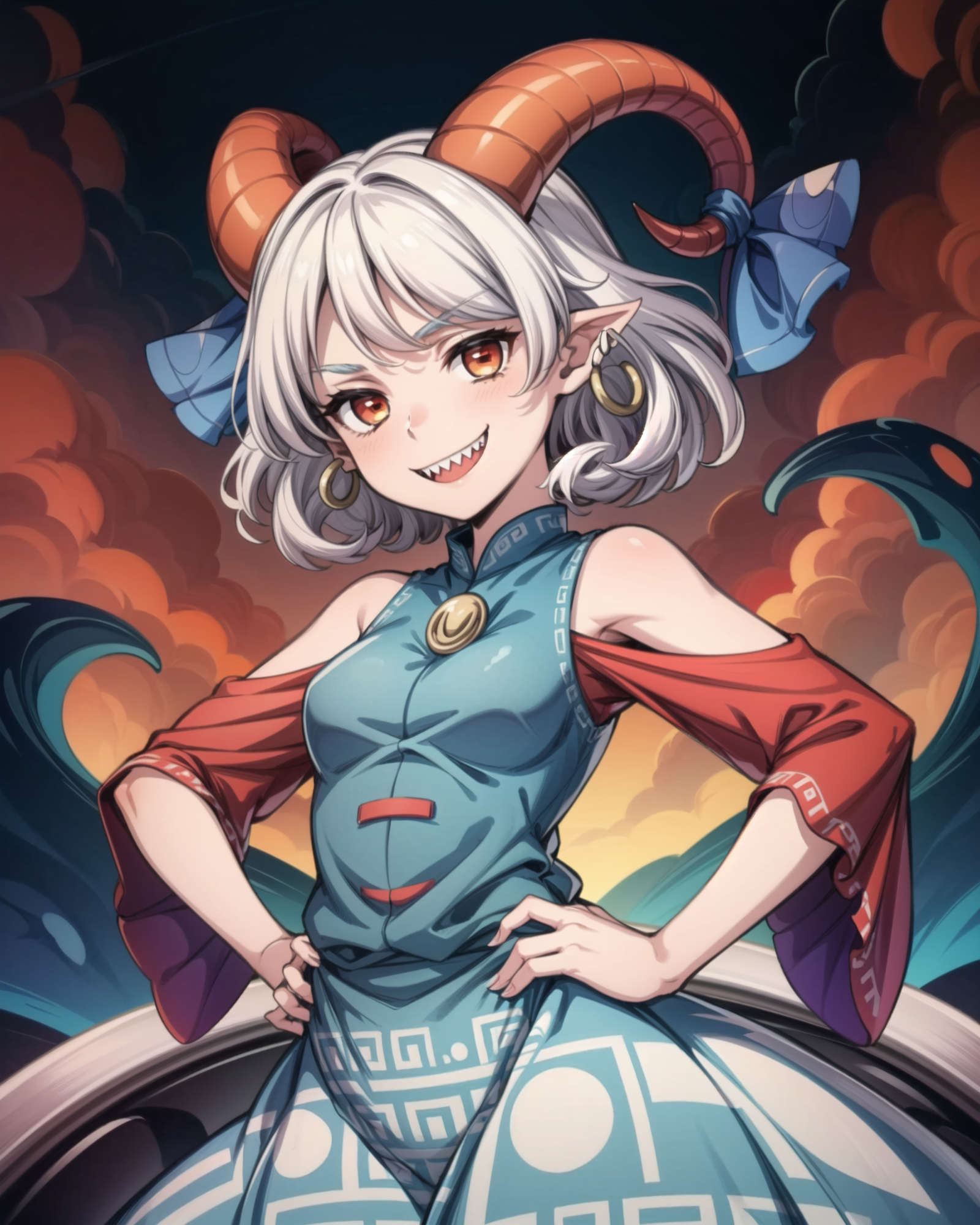 01677-2130019491-, cowboy shot, solo, 1girl, toutetsu yuuma, sharp teeth, smile, looking at viewer, hands on hips, horn ribbon, horn ornament, ho.png
